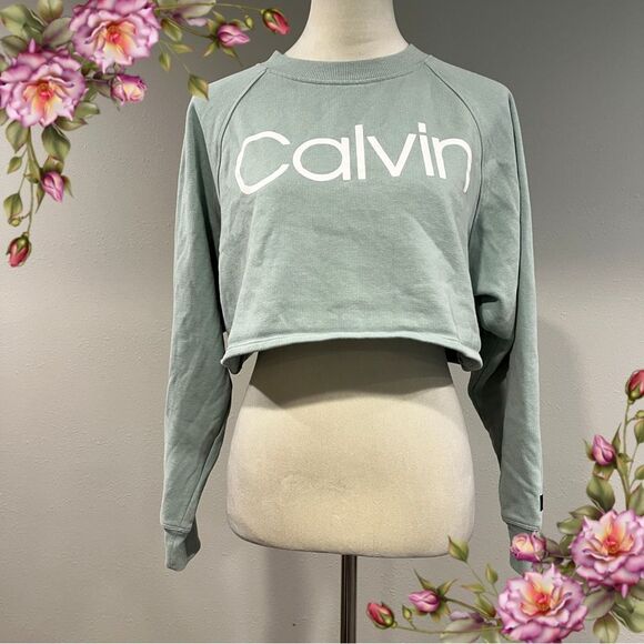 Calvin Klein oversized long sleeve pale mint Green Cropped Sweatshirt size m - Picture 1 of 11